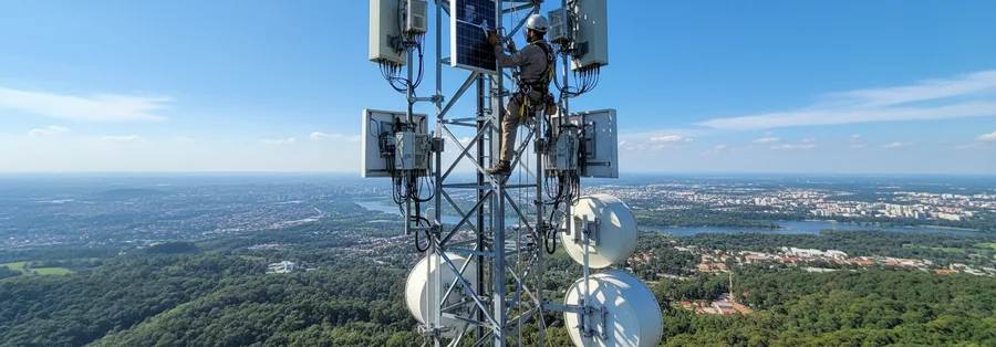 Ein Telekommunikationstechniker bei der Arbeit an Netzwerktechnik