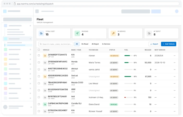 TSentra fleet management dispatch screen