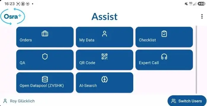 Osra+ Assist dashboard with Modules for orders, checklists, QA, QR code, expert calls, datapool, and AI search