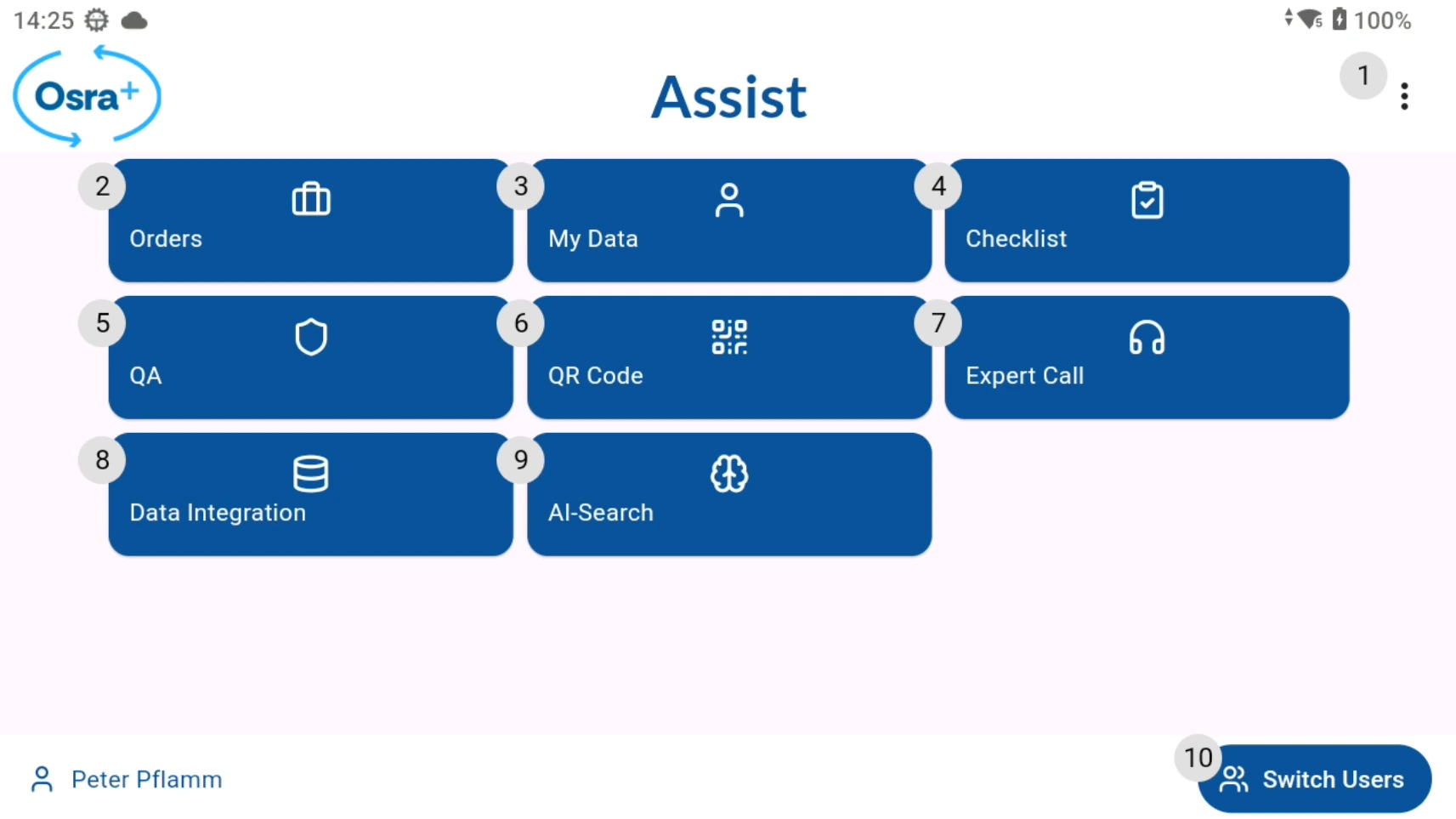 Osra+ Assist dashboard with Modules for orders, checklists, QA, QR code, expert calls, datapool, and AI search