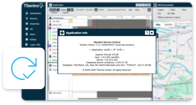 Ein TSentra-Dashboard mit Anwendungsversion und Update-Informationen