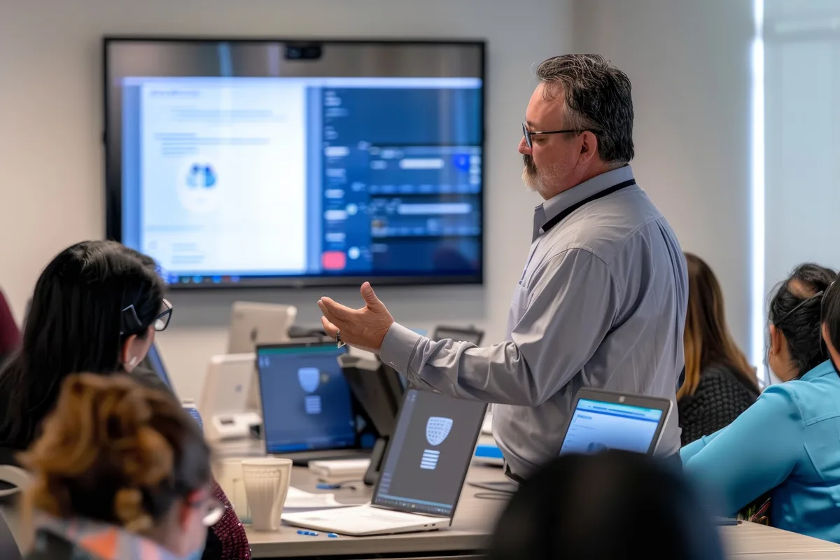 A TillerStack trainer leading an on-site training session on the TSentra dashboard