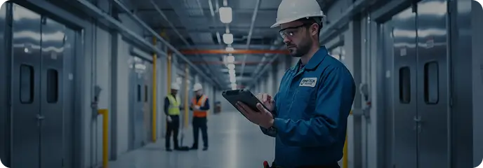 Techniker prüft Serviceaufträge auf einem Tablet im Gebäude