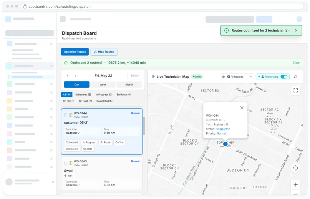TSentra dispatch board with live routing