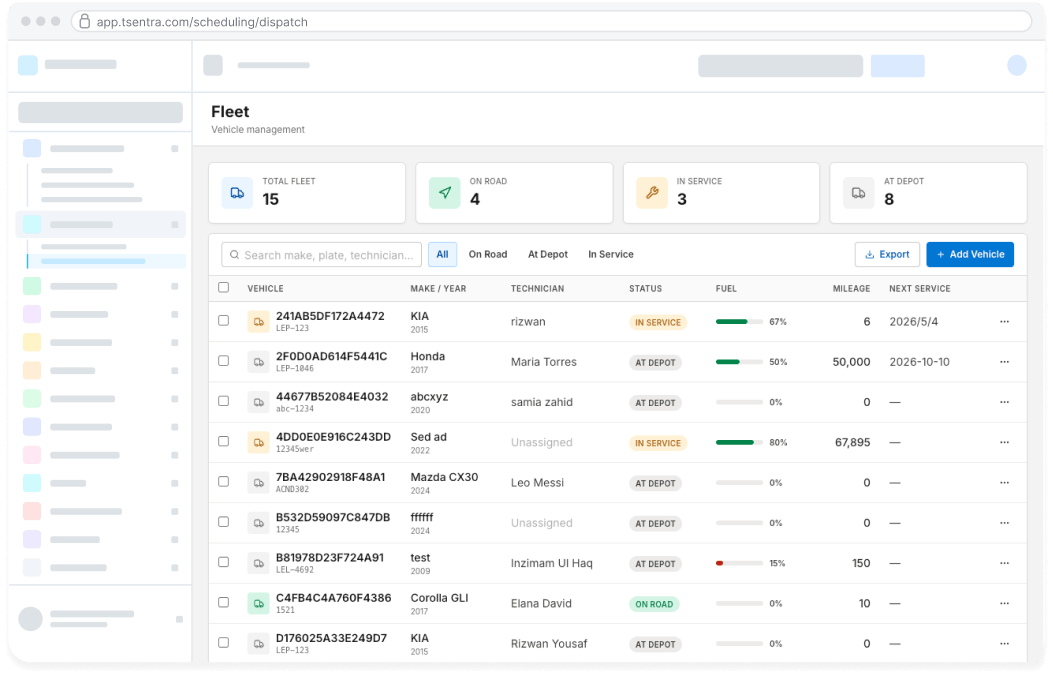 TSentra fleet management dashboard