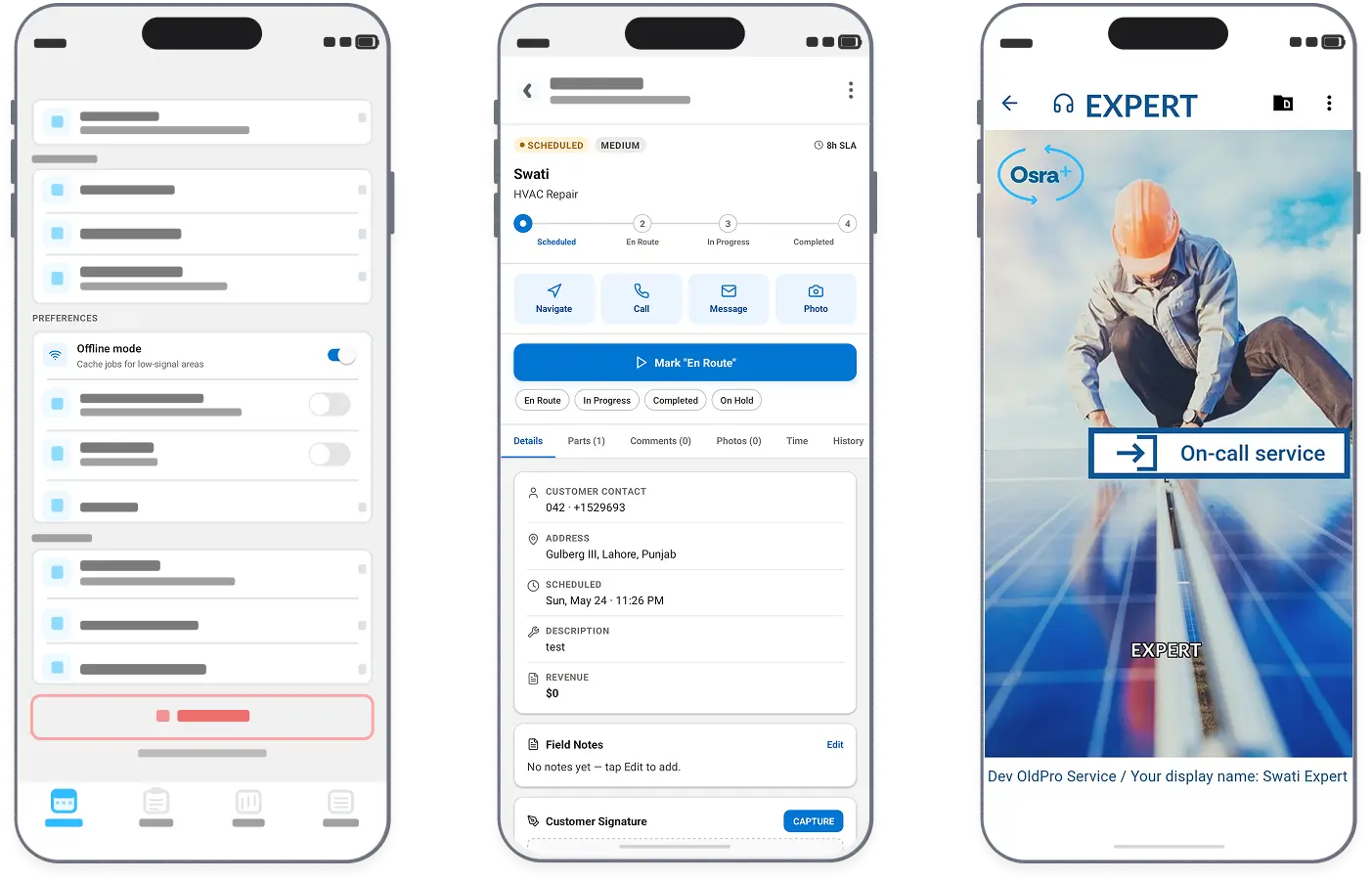Osra+ mobile app on three phone screens