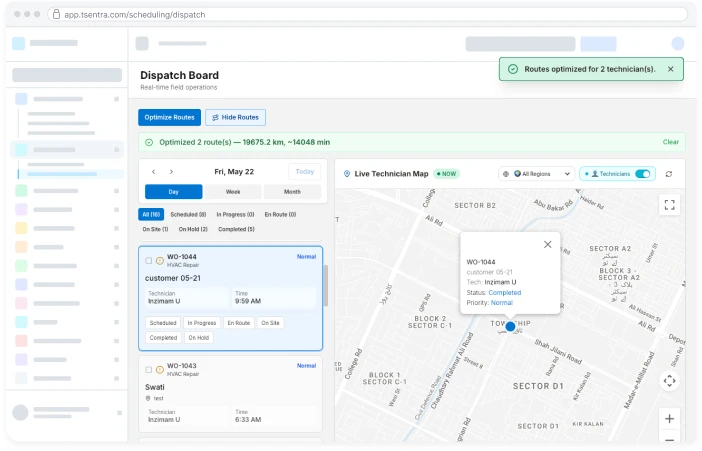TSentra dispatch scheduling screen