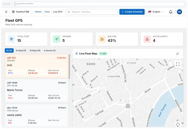 TSentra live fleet GPS map with vehicle status