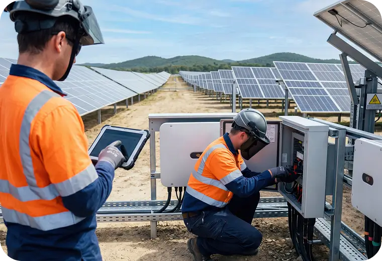 Zwei Servicetechniker bei Wartungsarbeiten an einer Solaranlage