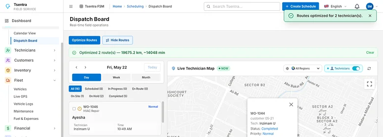 TSentra dispatch board with technician routes
