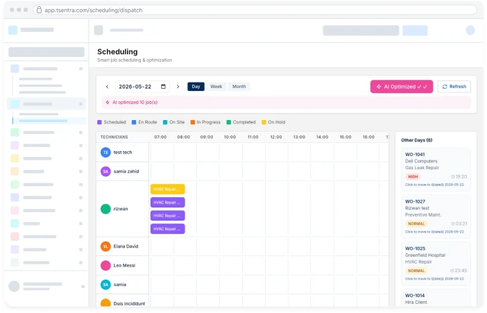 TSentra maintenance scheduling screen