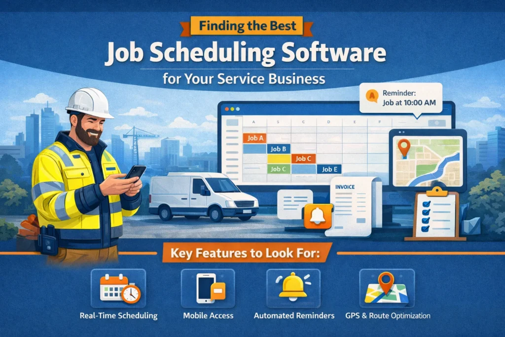 Infographic showcasing job scheduling software features, including real-time scheduling, mobile access, automated reminders, and route optimization, designed for service businesses.