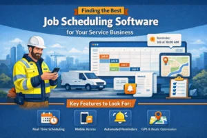 Infographic showcasing job scheduling software features, including real-time scheduling, mobile access, automated reminders, and route optimization, designed for service businesses.